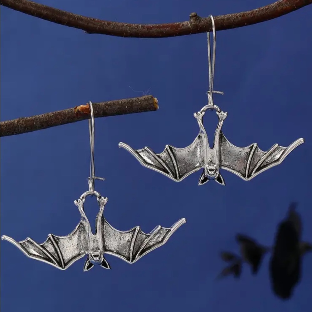 Silver Gothic Hanging Bat Earrings - Picture 1 of 4
